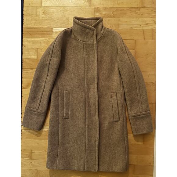 J Crew Cocoon Coat Stadium Cloth Tan Beige Mid Length Full Zip Outerwear 00 - Picture 2 of 4